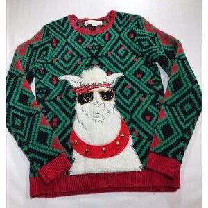 Jolly Sweaters Ugly Christmas Sweater Cool Llama Size Medium Green Red Black